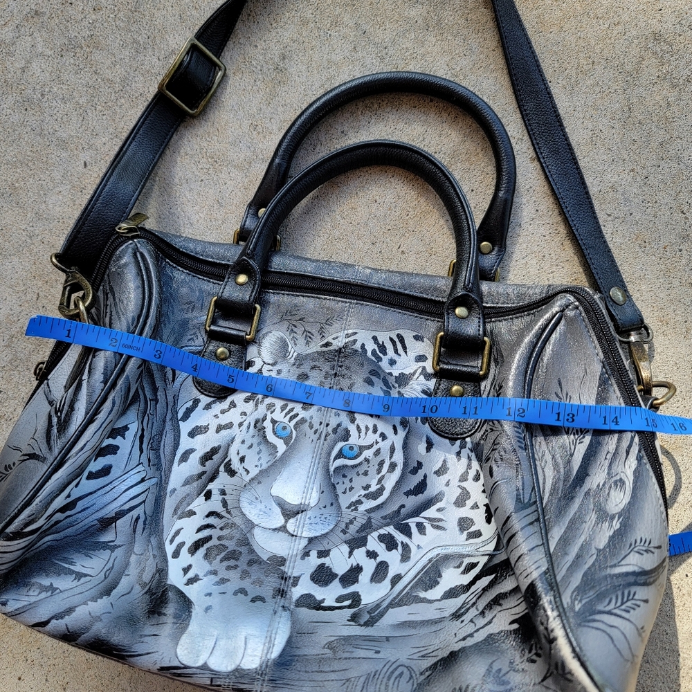 Anna by Anuschka African Leopard Genuine Leather Crossbody Satchel Hand-Painted - Picture 11 of 13